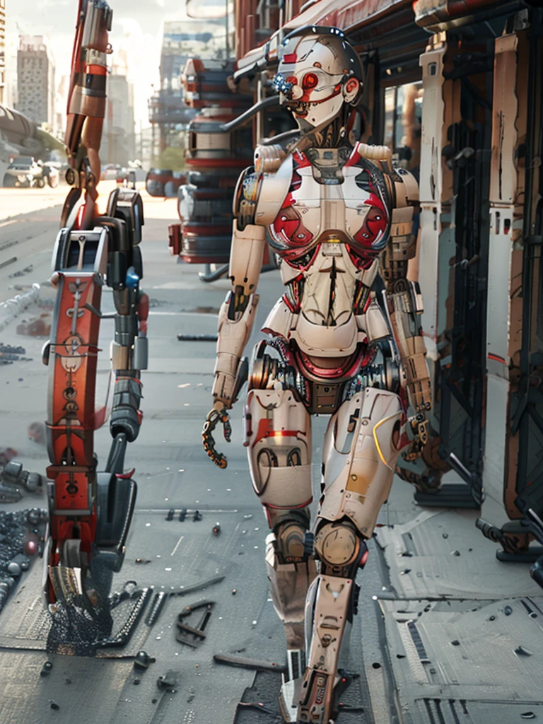 A bald cyborg Emma Watson, with loose wires, metallic skin, hoses, exposed torso, androidperson, mark brooks, david mann, robot brain, made of steel, hyperrealism, post-apocalyptic, mechanical parts, joints, mecha, j_sci-fi