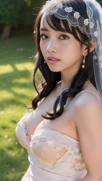 (masutepiece), Best Quality, Highest Quality, Highly detailed CG Unity 8k wallpaper, Original, High resolution, (depth of fields: 1.5), fidelity: 1.3, breasts, Bride portrait style, 1 girl, drapes, veils , Bridal Veil, wedding dress, drapes, Jewelry, Solo, earrings, tusk, bride, Black_hair