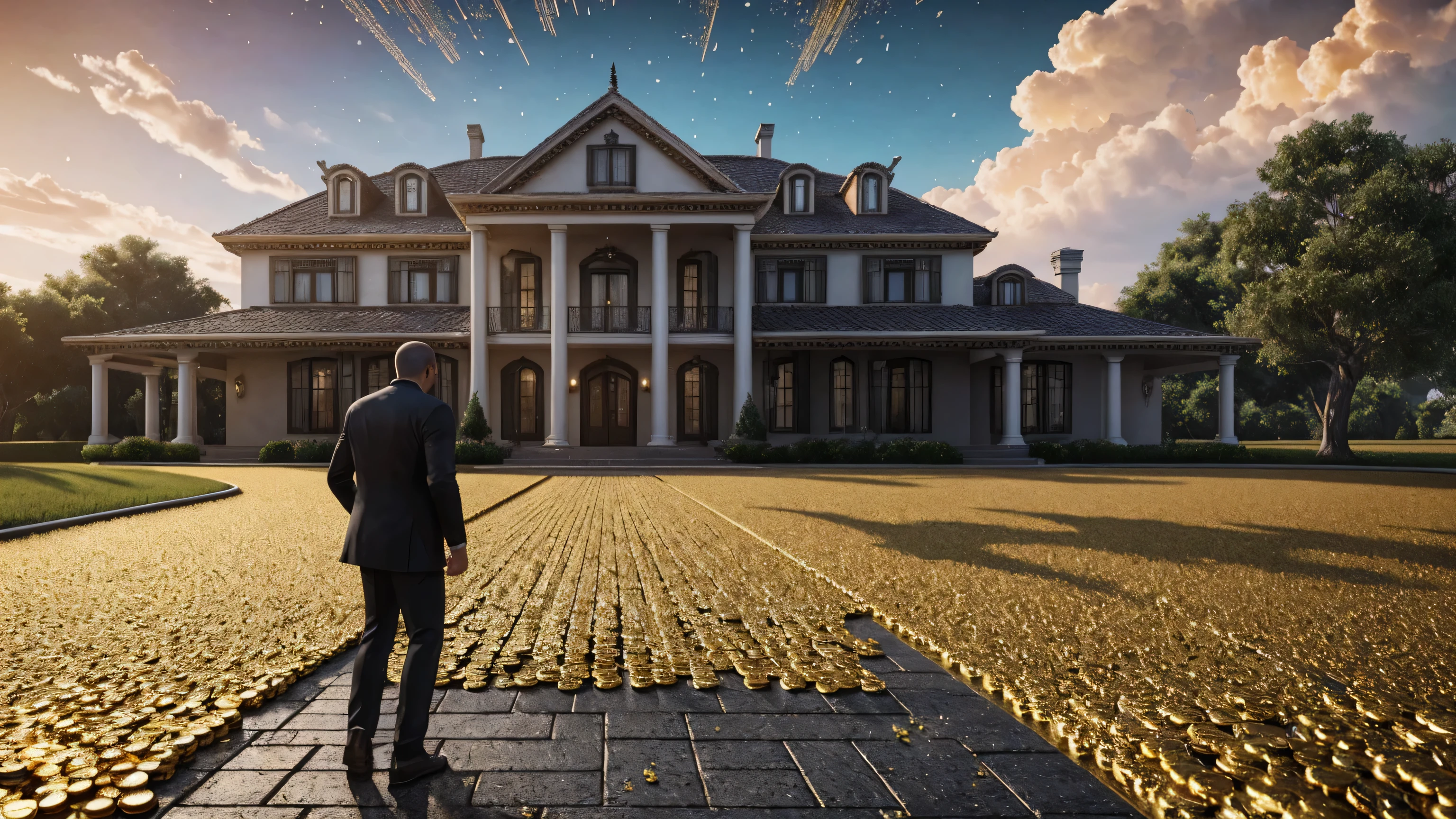 a man in front of a mansion full of gold coins falling from the sky, ultra detailed image, realism, 8k, hyper detailed skin, intense and vivid colors.