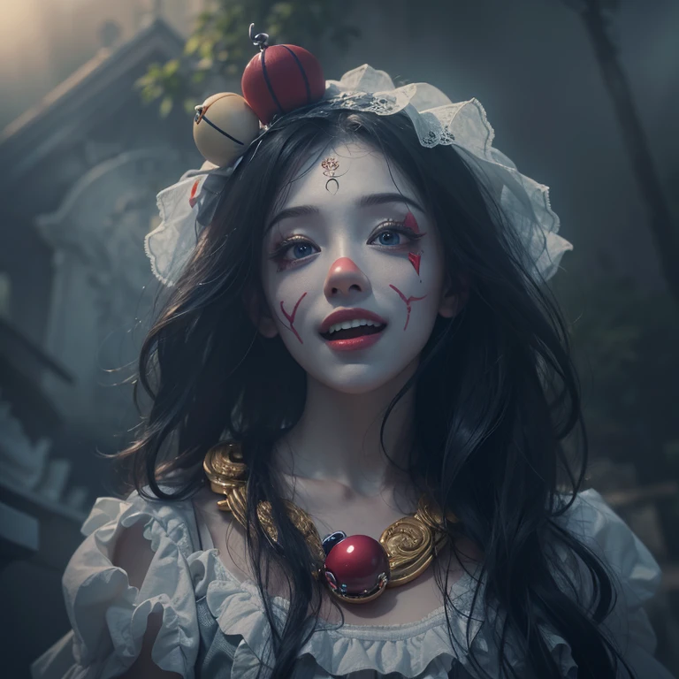Standing in the grave、Hair flow、 ((highest quality、masterpiece、8k、Best image quality、Ultra-high resolution、Award-winning works)、(Accurate anatomy:1.1)、(Look at me and smile:1.1)、Shining fair skin with Ultra-high resolution、The most detailed face、Ultra-high resolution detailed face、Ultra-high resolutionの髪の毛、(Ultra-high resolution eye:1.1)、Beautiful face drawn in every detail、Cheerful clown costume, Chest to chest,  Strange atmosphere, Ghosts flow, Dark Light, At the cemetery, Heavy makeup 