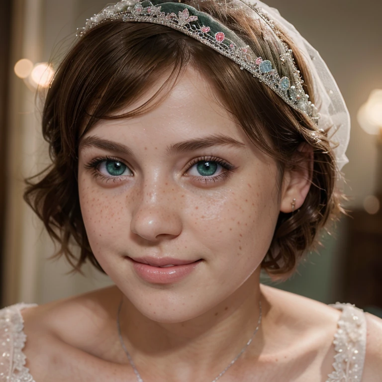 Girl, short brown hair, blue green eyes, freckles, soft pink blush, cute button nose, soft plump rosy lips, smiling, princess wedding dress, showing diamond wedding band, realistic, 3d character, resident evil, Rebecca chambers
