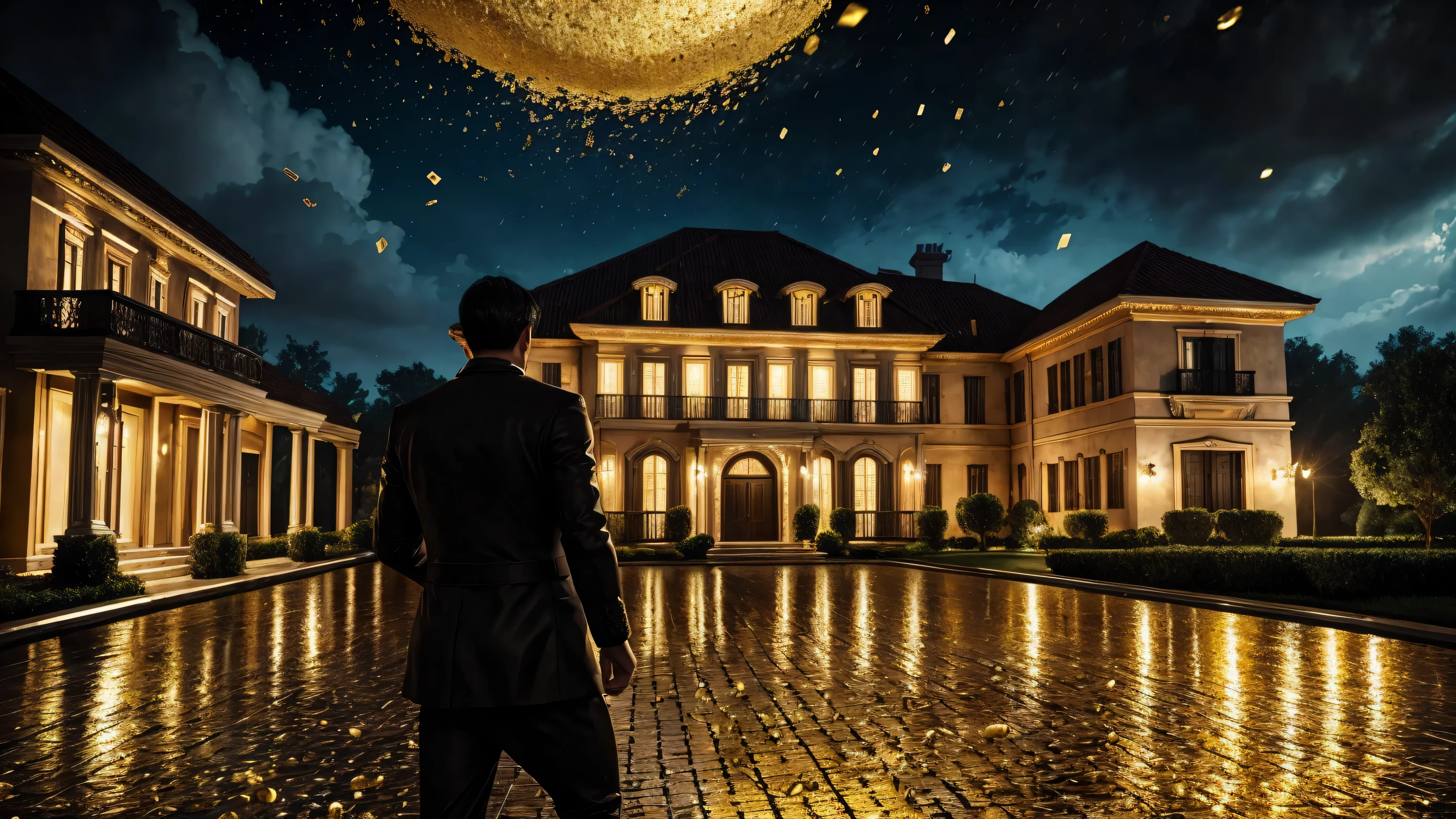 a man in front of a mansion full of gold coins falling from the sky, ultra detailed image, realism, 8k, hyper detailed skin, intense and vivid colors.
