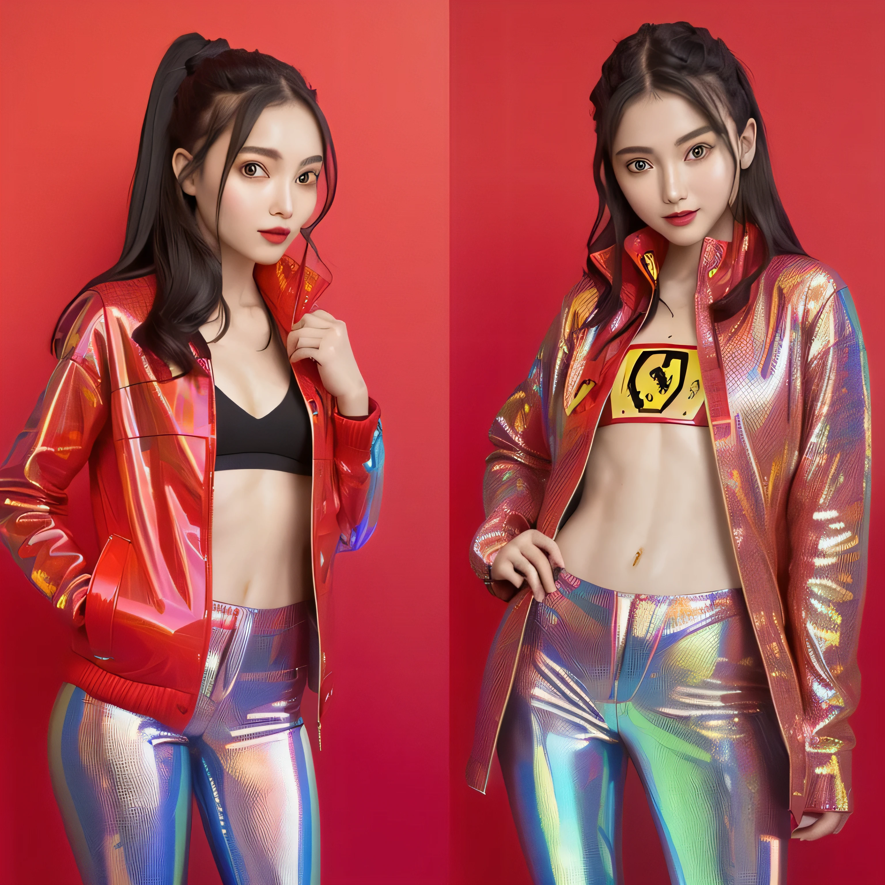 (masterpiece, highest quality, Very detailed, Detailed face, 8k)、smile、
One Girl,, , 
((( Ferrari red opaque jacket:1.3, , Holographic:1.23))), , Extremely detailed clarity, (Symmetrical eyes:1.3), , , , , ,,  , , (Eye and facial details:1.0), , slim、Flat body、cute、、Small breasts、Jet black background、(((Ｂ1 cup chest.8)))、(((Skinny 1.7)))、(((Small breasts 1.9)))、(((19-year-old female)))、(((Ａ1 cup chest.2)))、(((Suren 1.7)))、(((Small breasts 1.5)))、(((Overall 1.5)))、(((Full body composition 1.5)))、(((Whole body 1.5)))、(((9:1.8))),
((( Ferrari red opaque jacket:1.3, , Holographic:1.23))),
Surrealist female portraits by David Hockney and Alphonse Mucha,