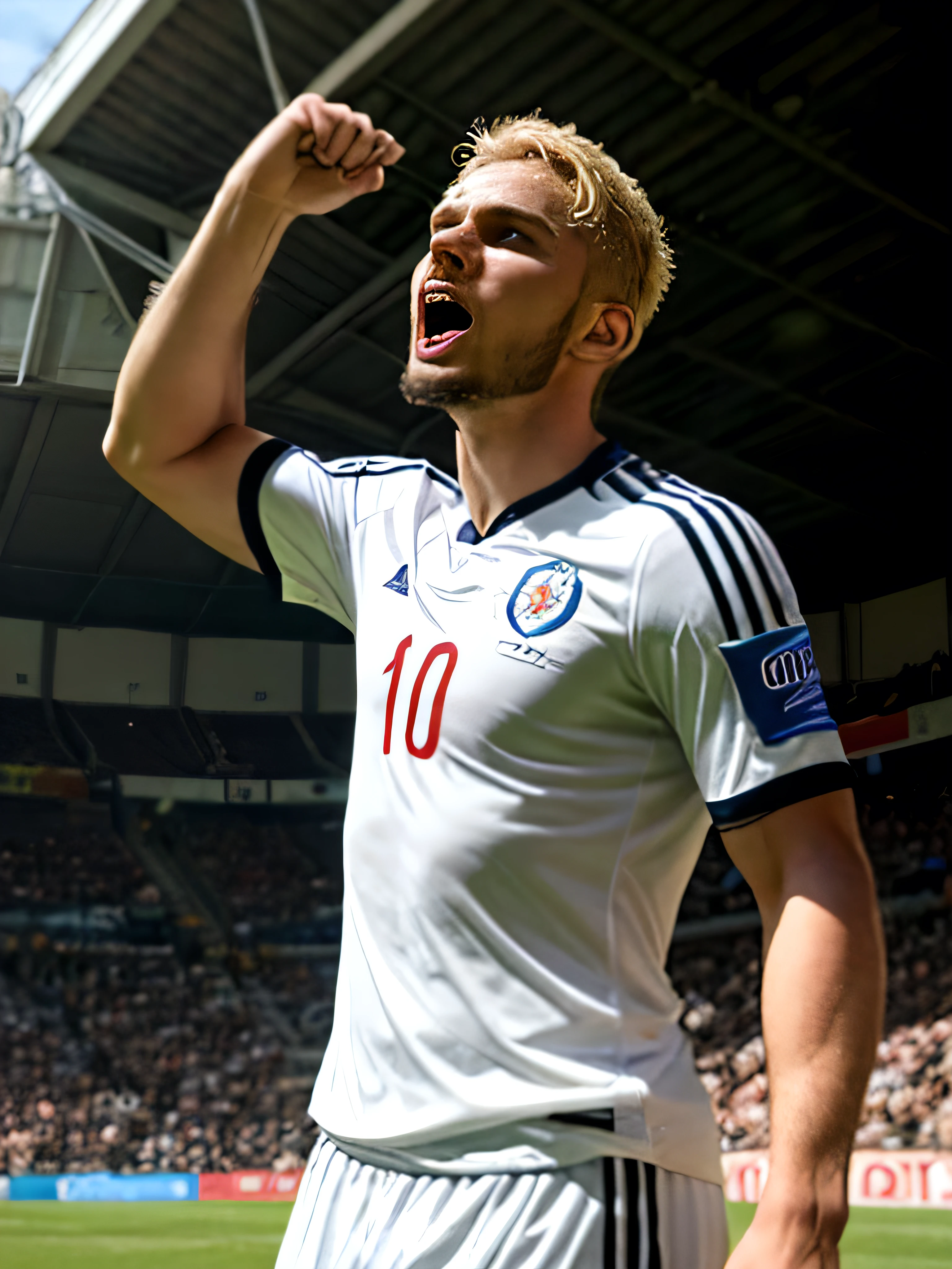 Arab soccer midfielder. 22 years old. Blonde hair. Short hairstyle. Round chin. Trimmed beard. White skin.. Dramatic light. Male. Black jersey. Masterpiece, best quality, 4k, very detailed. Male. Celebrating goal. Epic celebration