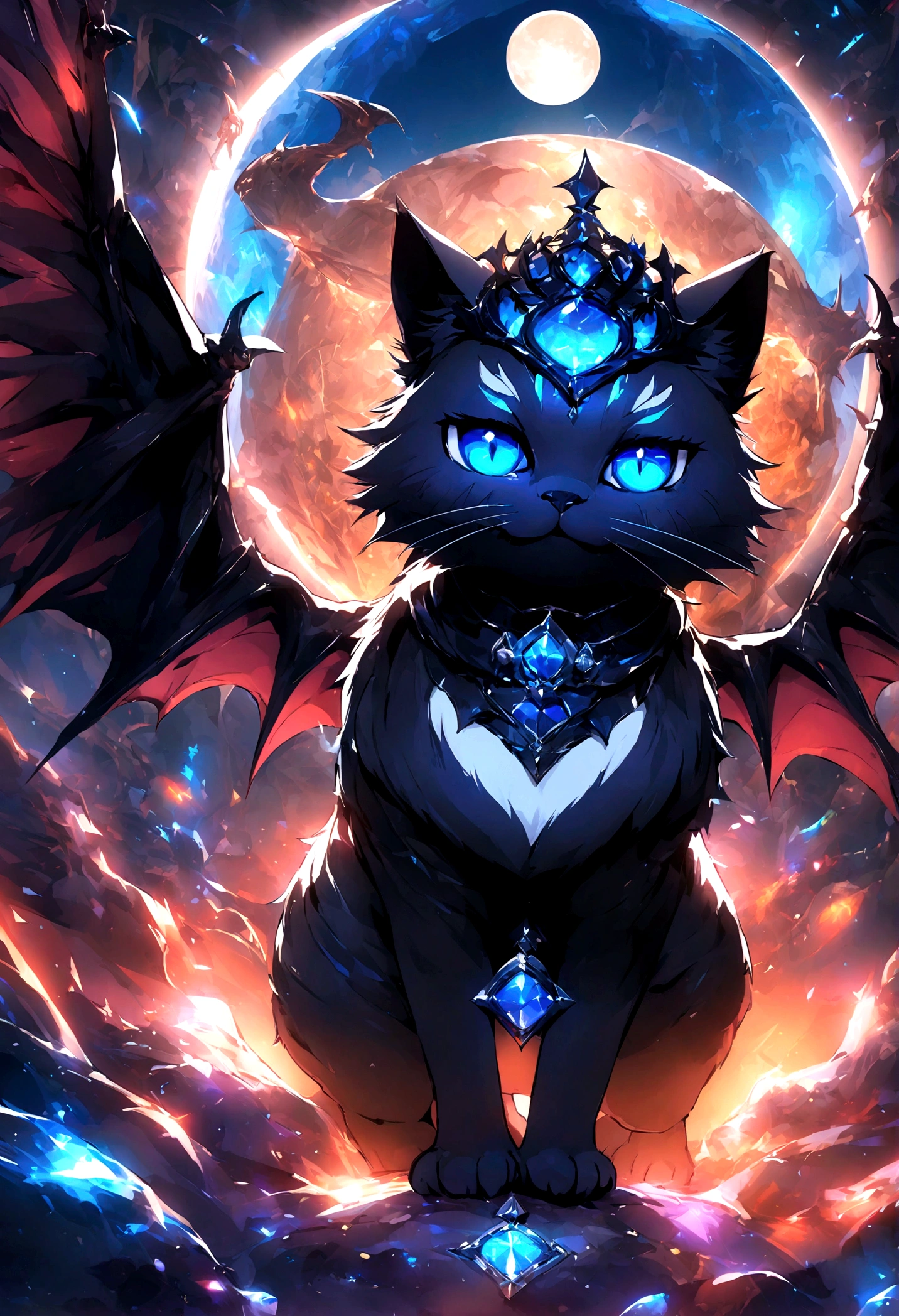 black cat、Beautiful blue eyed cat、Black crown、Black and blue vampire wings、Glare、Rin々Funny face、beautiful、blue Moon、Lots of blue light、Fantasy black cat,Facial close-up enhancement,AmbiLight,The colors are vivid and bright,Black background,haze,Detailed depiction,Rich details,Explosion of imagination,Surreal,Ultra-realistic,masterpiece,8k,Light,Tyndall effect