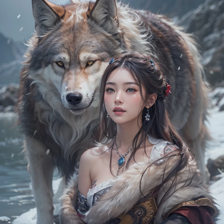 Lakeside surrounded by snowy mountains、Hair flow、 ((highest quality、masterpiece、8k、Best image quality、Ultra-high resolution、Award-winning works)、(Accurate anatomy:1.1)、(Look at me and smile:1.1)、Shining fair skin with Ultra-high resolution、The most detailed face、Ultra-high resolution detailed face、Ultra-high resolutionの髪の毛、(Ultra-high resolutionの煌めく瞳:1.1)、Beautiful face drawn in every detail、Ancient Viking clothing, Chest to chest, tattoo, A real wolf is by your side