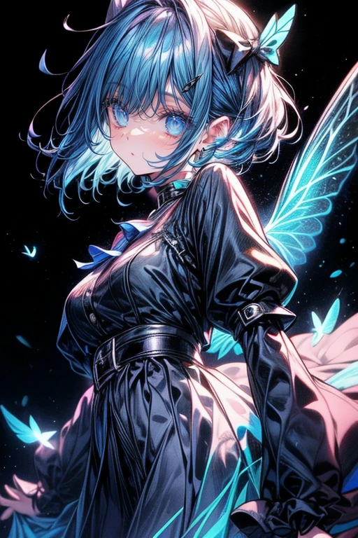 1girl,solo,cool,fantastic,neon,she has a wing,like a butterfly,brilliant,in darkness,blue and black