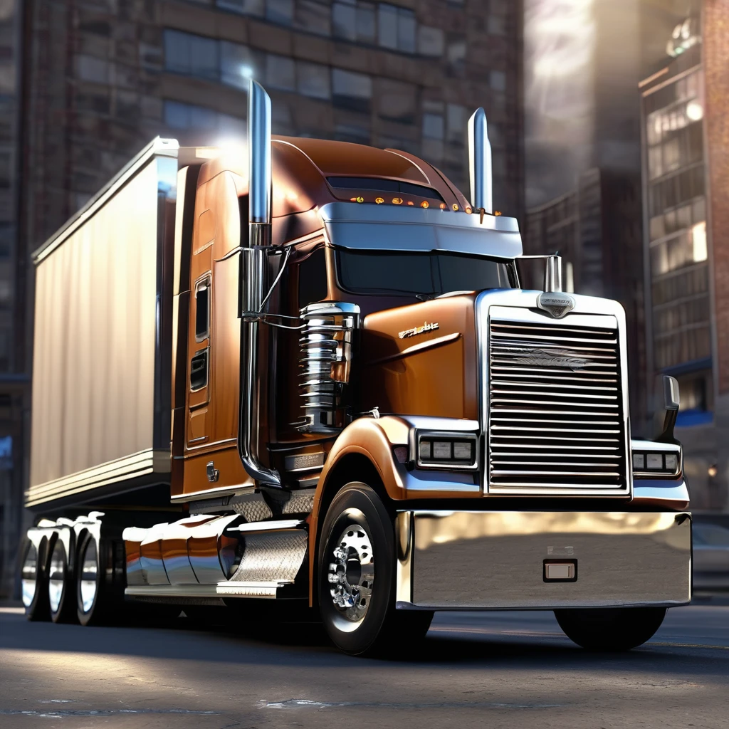 Freightliner Classic XL Custom 18-wheeler, (custom theme (1.4)), (dual chrome exhaust stacks (1.4)), (customized graphics, rims (1.3)), in the style of a lowrider (1.5)). Imagine it rolling down a sunlit highway (a very detailed masterpiece (1.6)), cityscape, bright, Sunrays, reflection, masterpiece, HD wallpaper, cinematic lighting, realistic, epic