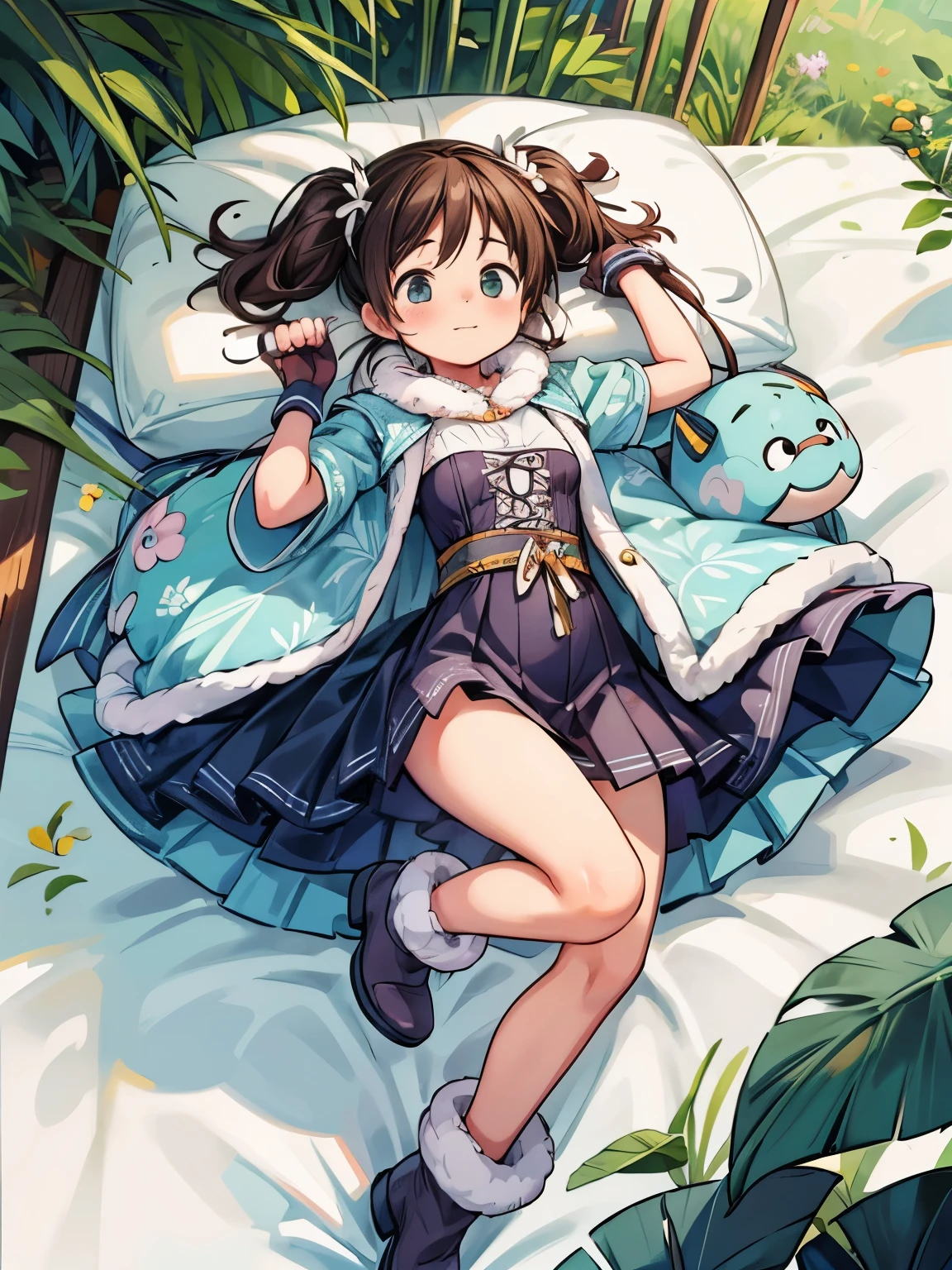 (masterpiece、highest quality、highest quality、Official Art、Beautiful and beautiful:1.2)、(One girl:1.3)Hatsune Miku、Twin tails,Big Breasts,Powerful Girl, Put on the tiger gloves, Animal Skin Quilt, fur suede ankle boots, wild, Triassic Mists, 8K ultra-detailed.