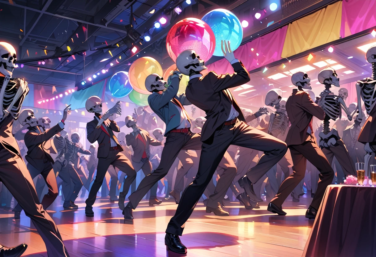 (masterpiece, best quality:1.1), (ultra highres, ultra-detailed:1.2) ,many Skeleton youngmen,Skeletons having fun at a party,enjoy dancing,dance hall,Mirror ball,colorful,dynamic pose,