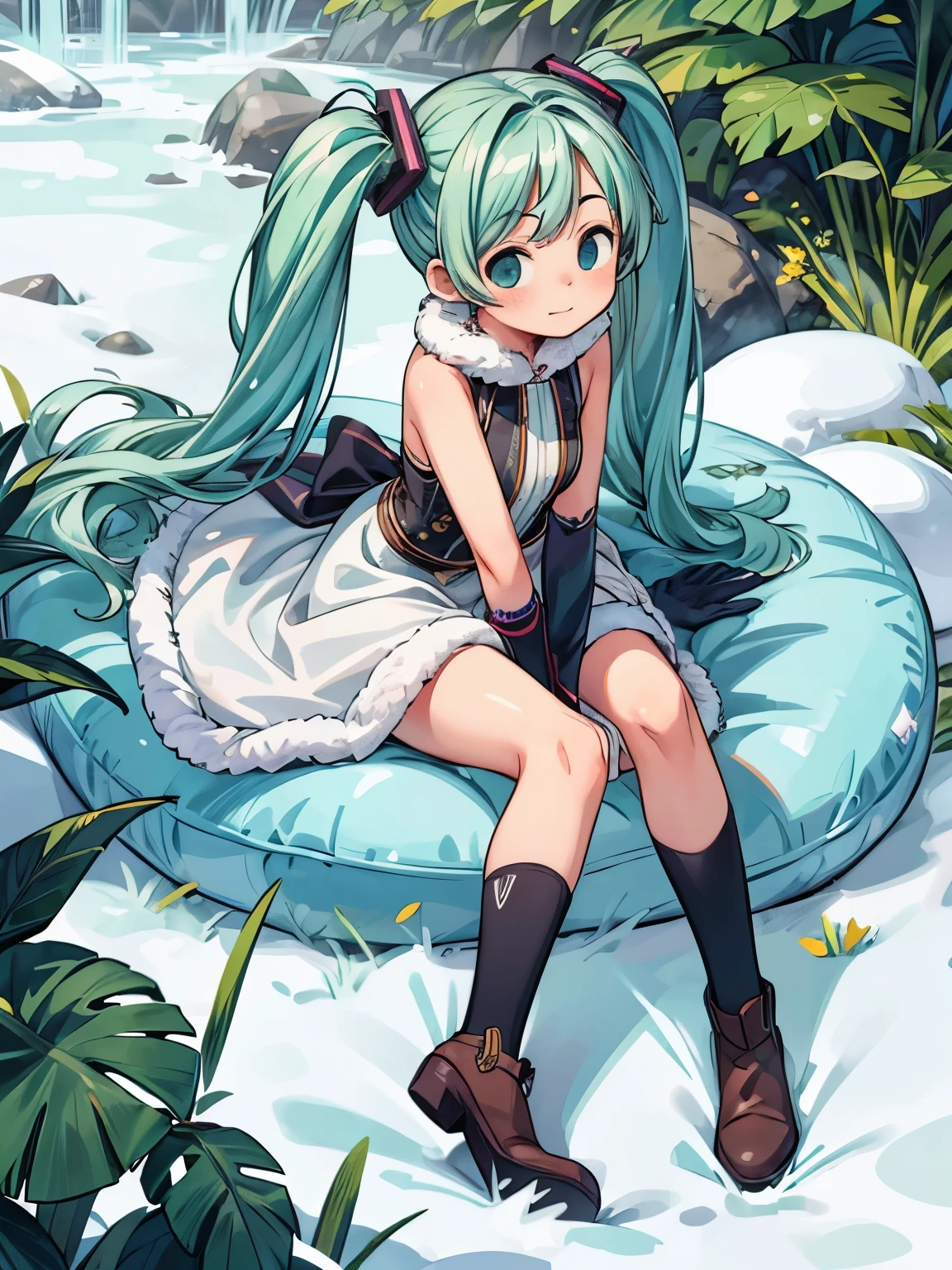 (masterpiece、highest quality、highest quality、Official Art、Beautiful and beautiful:1.2)、(One girl:1.3)Hatsune Miku、Twin tails,Big Breasts,Powerful Girl, Put on the tiger gloves, Animal Skin Quilt, fur suede ankle boots, wild, Triassic Mists, 8K ultra-detailed.