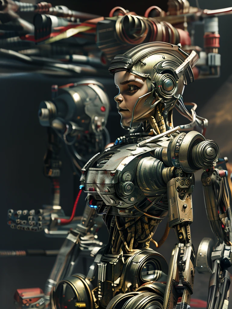 A bald cyborg Emma Watson, with loose wires, metallic skin, hoses, exposed torso, androidperson, mark brooks, david mann, robot brain, made of steel, hyperrealism, post-apocalyptic, mechanical parts, joints, mecha, j_sci-fi