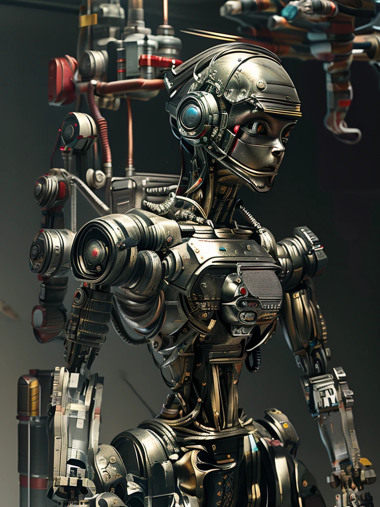 A bald cyborg Emma Watson, with loose wires, metallic skin, hoses, exposed torso, androidperson, mark brooks, david mann, robot brain, made of steel, hyperrealism, post-apocalyptic, mechanical parts, joints, mecha, j_sci-fi