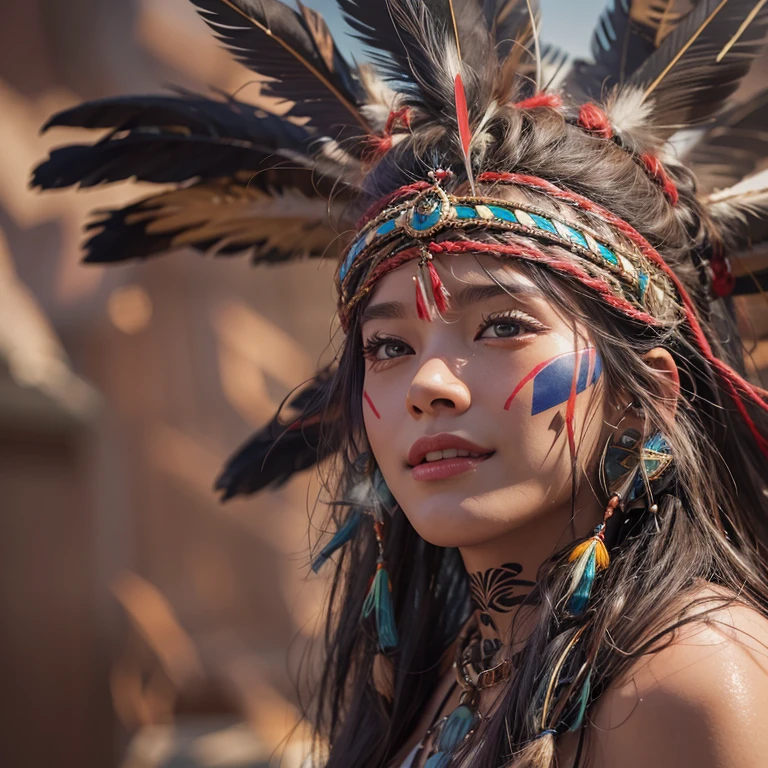 At the Grand Canyon、Hair flow、 ((highest quality、masterpiece、8k、Best image quality、Ultra-high resolution、Award-winning works)、(Accurate anatomy:1.1)、(Look at me and smile:1.1)、Shining fair skin with Ultra-high resolution、The most detailed face、Ultra-high resolution detailed face、Ultra-high resolutionの髪の毛、(Ultra-high resolutionの煌めく瞳:1.1)、Beautiful face drawn in every detail、(Blurred Background:1.1)、Native American Costume, American Indian Clothing, Chest to chest, tattoo、A real giant condor next to you。