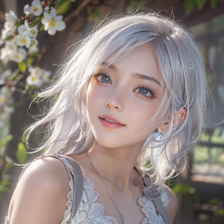 (masterpiece:1.3), (8k, Realistic, RAW Photos, Best image quality: 1.4), Fair-skinned fairy woman、short hair、Cleavage:2.0、Highly detailed face、Attention to detail、double eyelid、Sharp focus:1.2、Beautiful woman:1.4、Silvery white hair、highest quality、masterpiece、Ultra-high resolution、(Realistic:1.4)、Highly detailed and professionally lit smiles、Loose, Light,Japanese high 、 one person、whole body,　I eat breakfast 