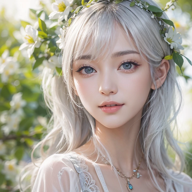 (masterpiece:1.3), (8k, Realistic, RAW Photos, Best image quality: 1.4), Fair-skinned fairy woman、short hair、Cleavage:2.0、Highly detailed face、Attention to detail、double eyelid、Sharp focus:1.2、Beautiful woman:1.4、Silvery white hair、highest quality、masterpiece、Ultra-high resolution、(Realistic:1.4)、Highly detailed and professionally lit smiles、Loose, Light,Japanese high 、 one person、whole body,　I eat breakfast 