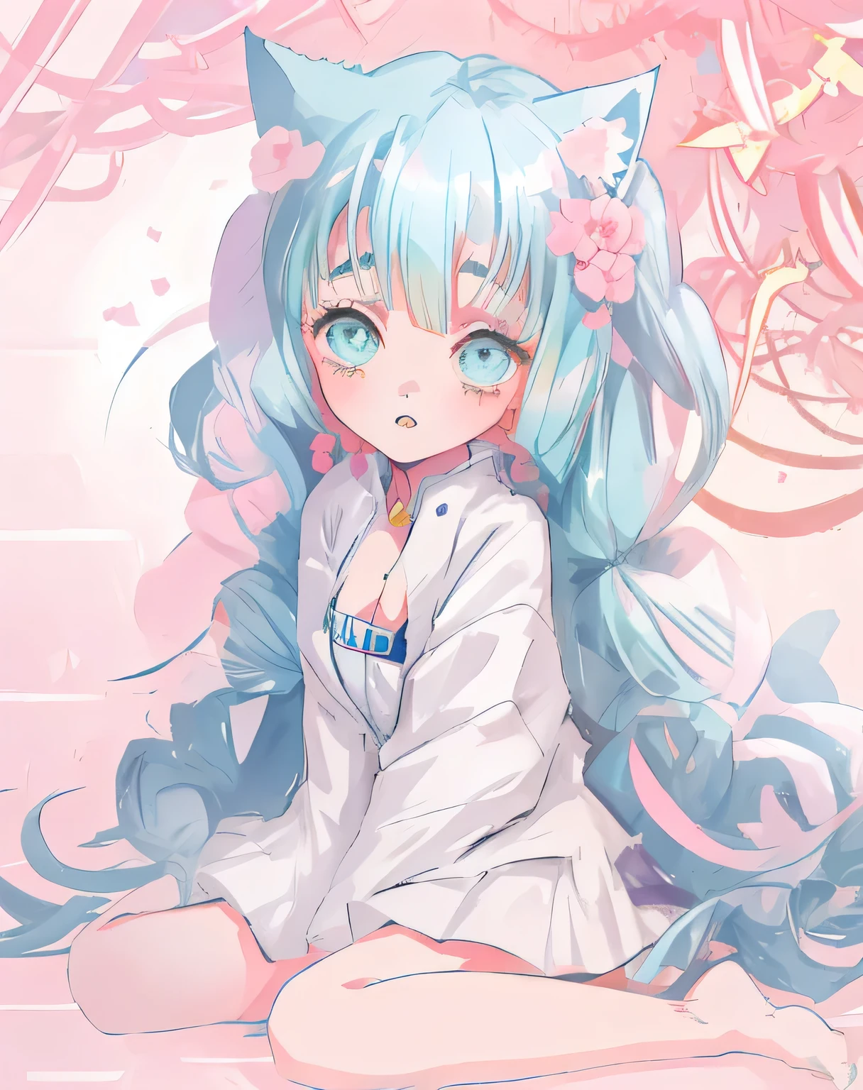 Anime girl with blue hair and cat ears sitting on the bed, Cute Anime Cat Girl, Cute Anime girl, Cat ears anime girl, Anime Moe Art Style, Very Beautiful Anime Cat Girl, Cute Anime Girls, Beautiful anime cat girl, Soft anime illustration, pretty girl, P, Cute Anime, pretty girlのアニメビジュアル