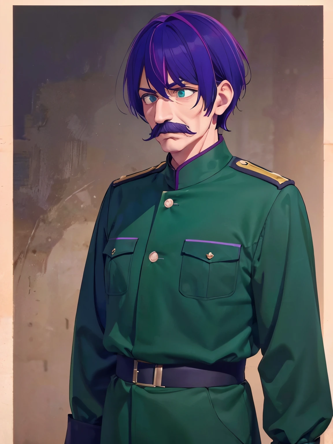 1 old man, 70 years old, short hair, looking away, purple hair, green eyes, purple mustache, army uniform,ultra detail, ultra HD, standing,Thin body,half body photo