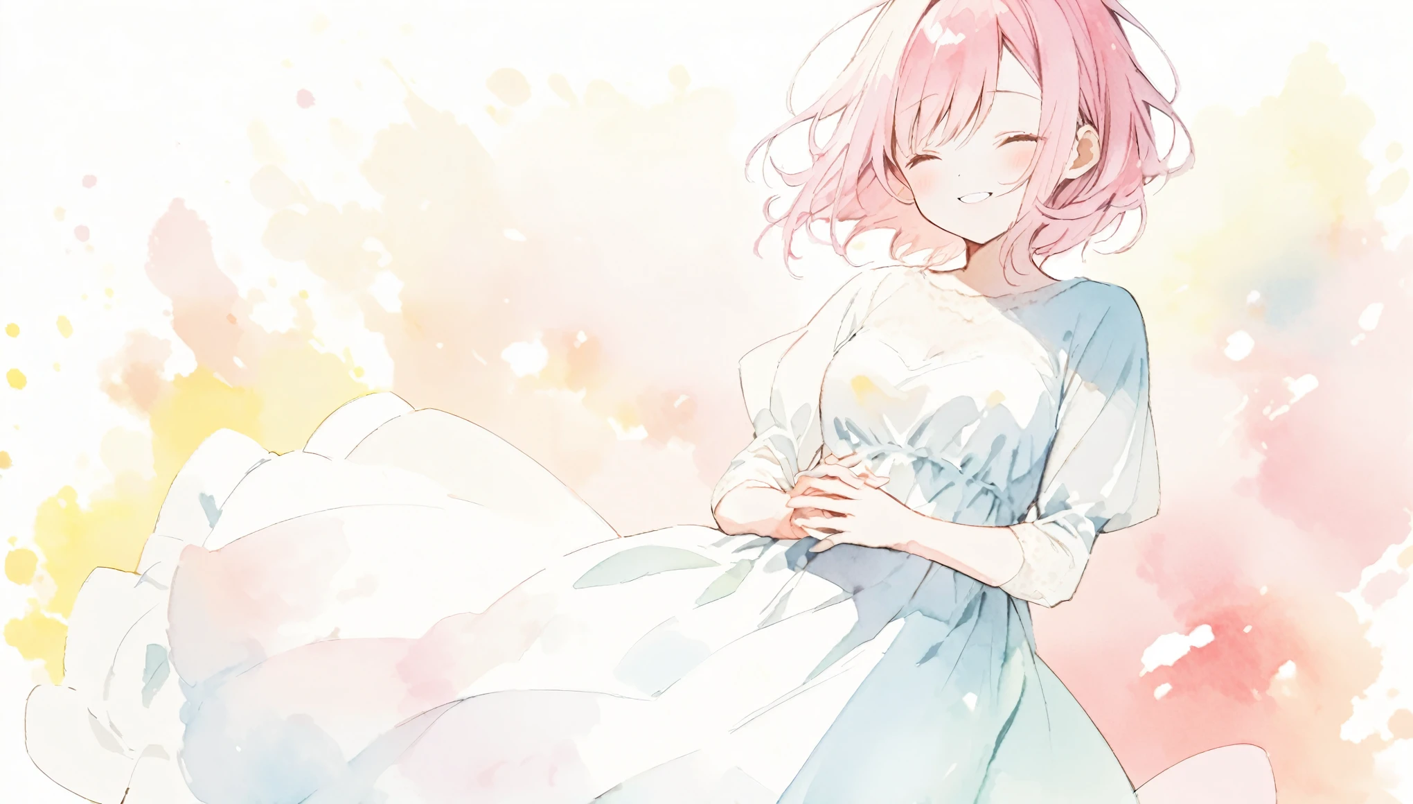 Watercolor、pale colour、A pink-haired woman in a dress places her hands on her stomach。　smile