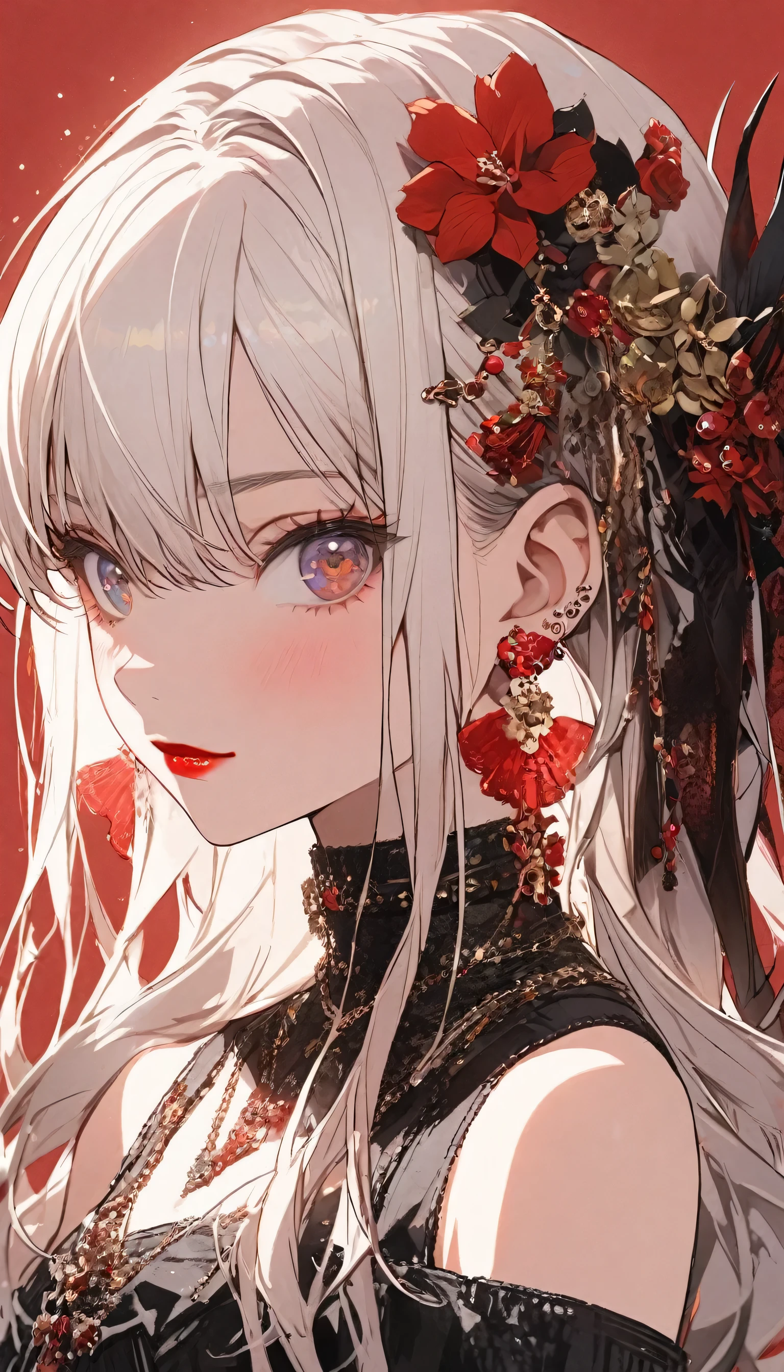 1girl, , kawaii, long hair, bangs, hair ornament, hair between eyes, bare shoulders, jewelry, upper body, flower, white hair, earrings, choker, hair flower, from front, portrait, red background, red lips