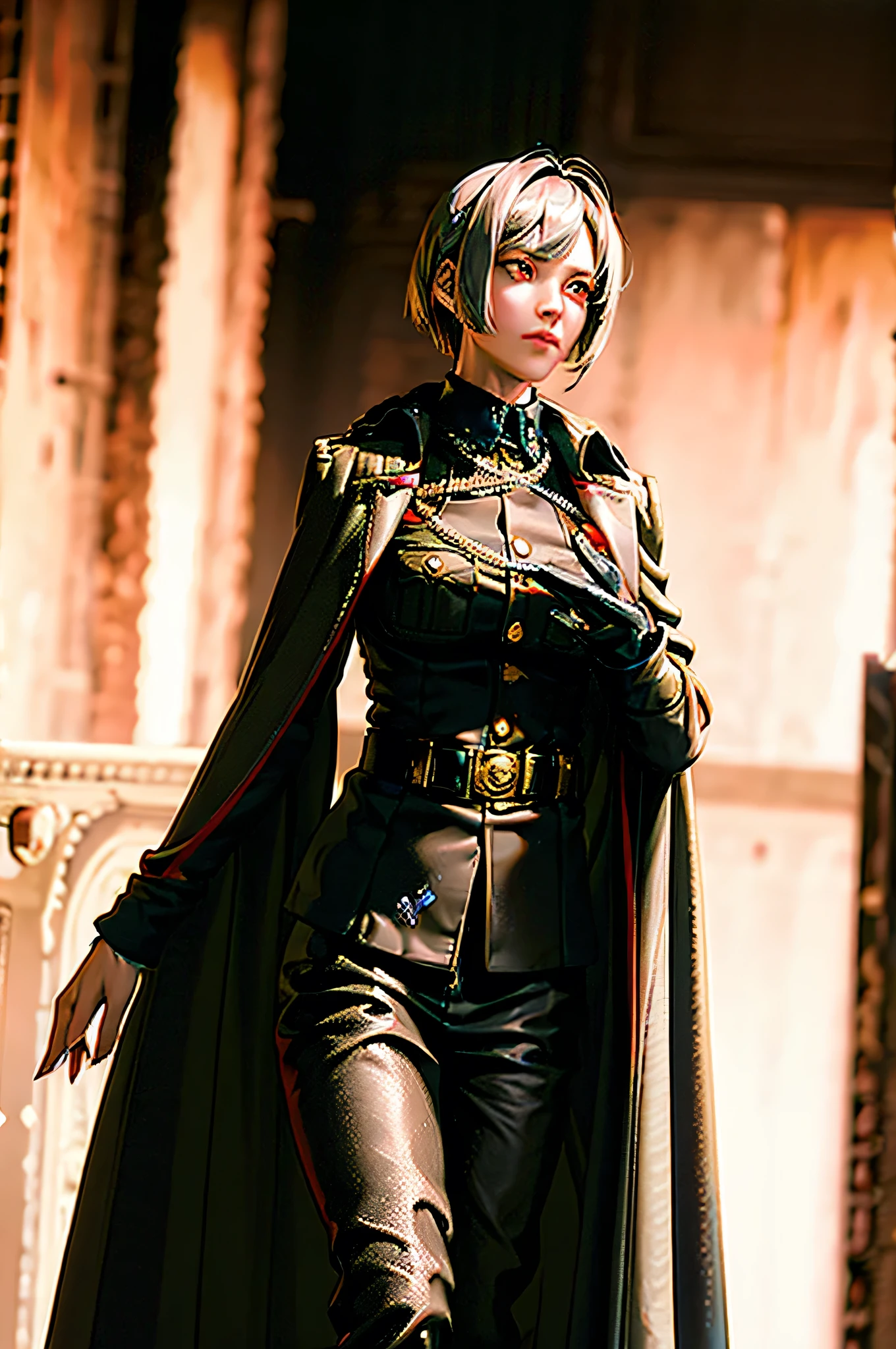 girl,silver hair,bob cut,red eyes,military suit,black jacket,Gold Design,right hand in cigarettes,smoke,night,belt,Rapier at waist,