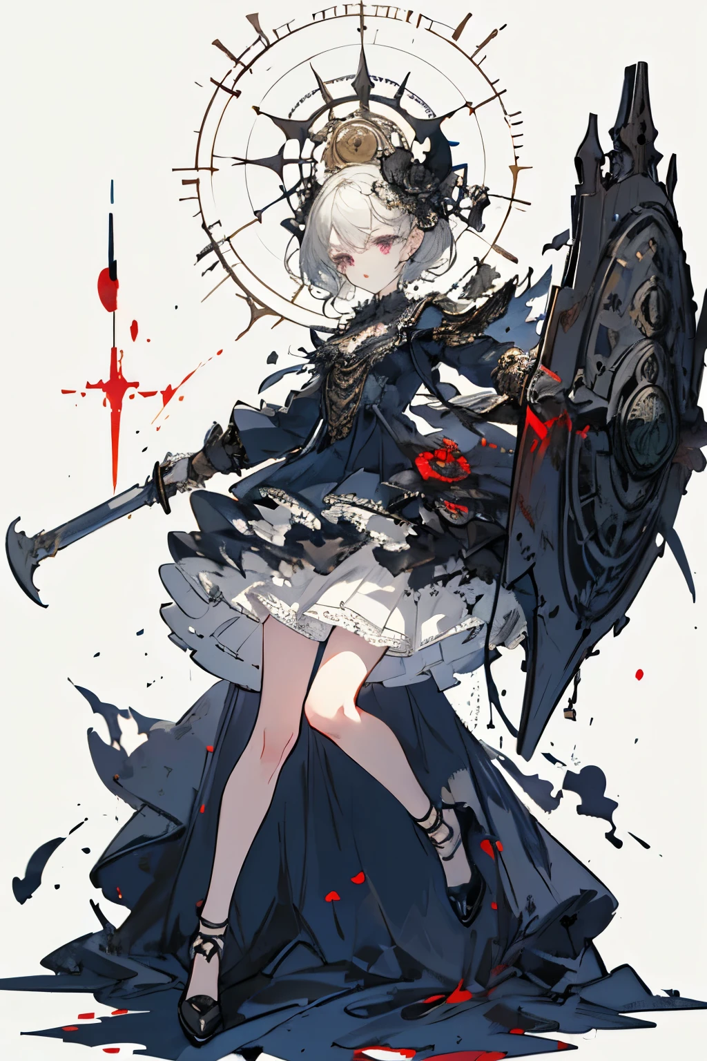 ((best quality)), ((masterpiece)), (detailed), perfect face ((best quality)), ((masterpiece)), (detailed), blank white background, plain background, white background, Bloodborne inspired, occult aesthetic, occult, detailed and intricate steampunk and detailed gothic, (zentangle, mandala, tangle, entangle), NSFW, torn clothing, Very dramatic and cinematic lighting, cosmic horror, grim-dark, side-lighting, perfect face, a beautiful goddess adorned and enshrined in armour, Bloodborne inspired , occult aesthetic , occult , detailed and intricate steampunk and detailed gothic , wielding a sword and holding a shield, NSFW, Fluttering lace flared short dress with frilly petticoats, knee length dress, pleated petticoats, ta dress, petticoats gothic loliside-lighting, gothic lolita aetic, beautiful small breasts, small breasts, full body, whole body, body, plain background, white background, blank background, no background, white background NSFW, full body, whole body, head-to-toe