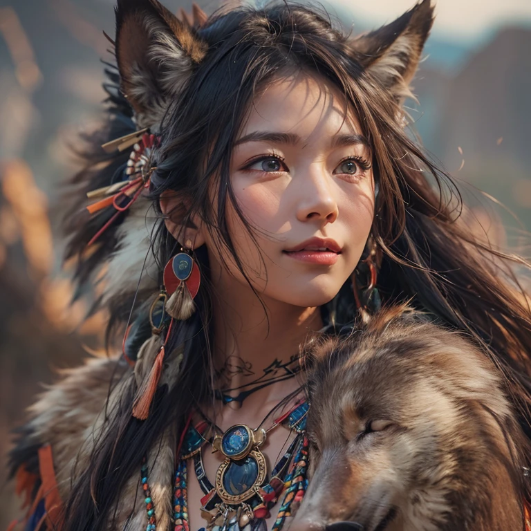 At the Grand Canyon、Hair flow、 ((highest quality、masterpiece、8k、Best image quality、Ultra-high resolution、Award-winning works)、(Accurate anatomy:1.1)、(Look at me and smile:1.1)、Shining fair skin with Ultra-high resolution、The most detailed face、Ultra-high resolution detailed face、Ultra-high resolutionの髪の毛、(Ultra-high resolutionの煌めく瞳:1.1)、Beautiful face drawn in every detail、(Blurred Background:1.1)、Native American Costume, American Indian Clothing, Chest to chest, tattoo、A real giant condor next to you。The wolf is watching