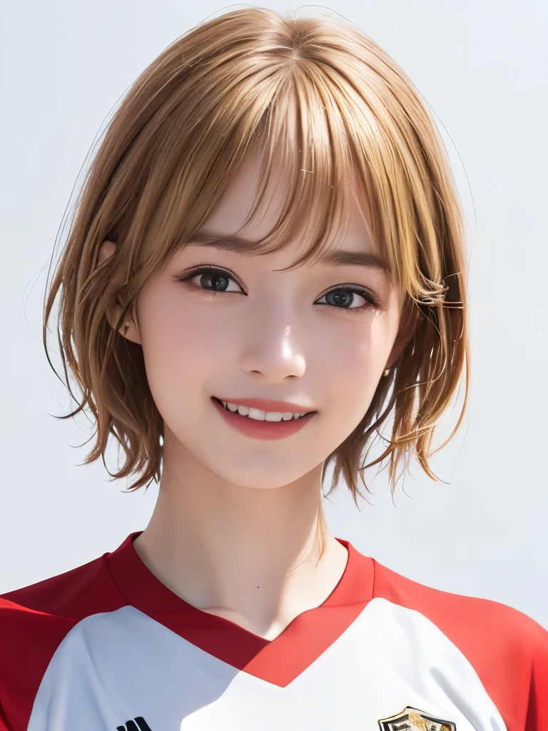 (highest quality、8k、32k、masterpiece)、(Realistic)、(Realistic:1.2)、(High resolution)、Very detailed、Very beautiful face and eyes、1 girl、Round and small face、Tight waist、Delicate body、(close、highest quality、Attention to detail、Rich skin detail)、(highest quality、8k、Oil paints:1.2)、(Realistic、Realistic:1.37)、Bright colors、(((blonde)))、(((Upper Body Shot)))、(((short hair)))、(((White wall background)))、(((Laughter)))、(((blonde)))、(((Soccer uniforms)))、(((黒とピンクのSoccer uniforms)))