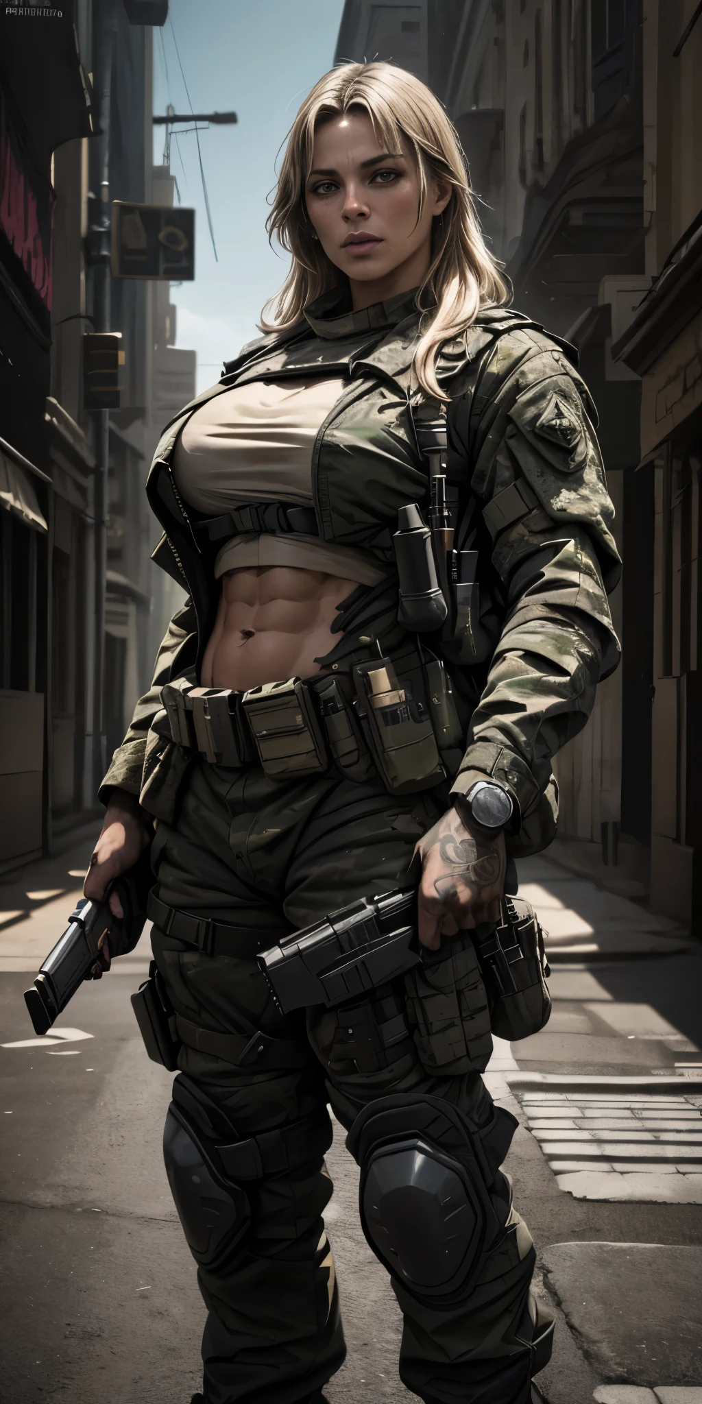 a female military soldier in call of duty style, war scenario, ((She is standing holding a pink revolver)), ((tall muscular woman covered in tattoos with a well-defined body)), long light blonde hair and amber eyes, ((Body Position: standing in a 60° position)), (best quality,4k,8k,highres,masterpiece:1.2),ultra-detailed,(realistic,photorealistic,photo-realistic:1.37),HDR,UHD,studio lighting,ultra-fine painting,sharp focus,physically-based rendering,extreme detail description,professional,vivid colors,bokeh,portraits,concept artists,cinematic lighting,dramatic colors, neon