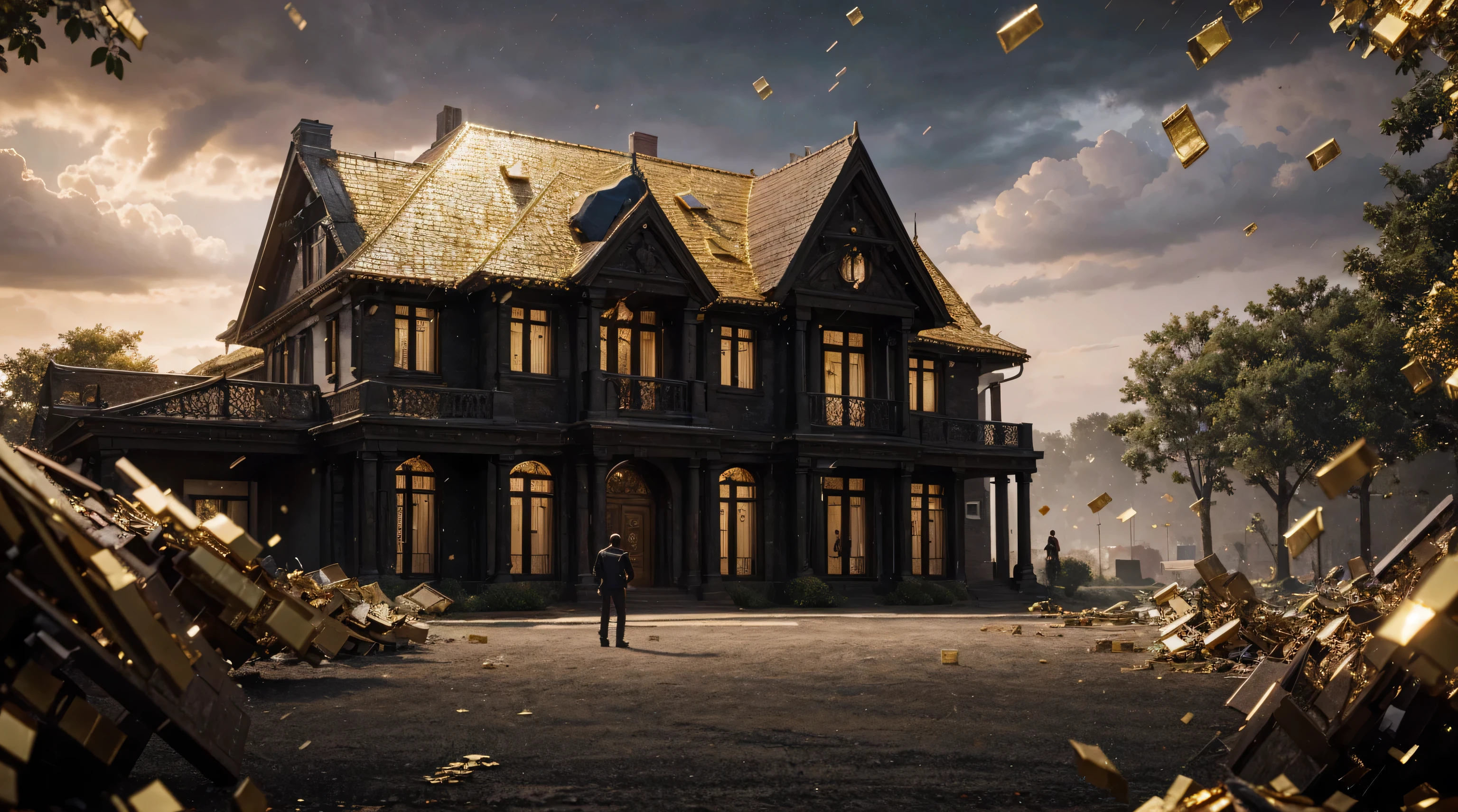 a man in front of a mansion full of gold coins falling from the sky, ultra detailed image, realism, 8k, hyper detailed skin, intense and vivid colors.