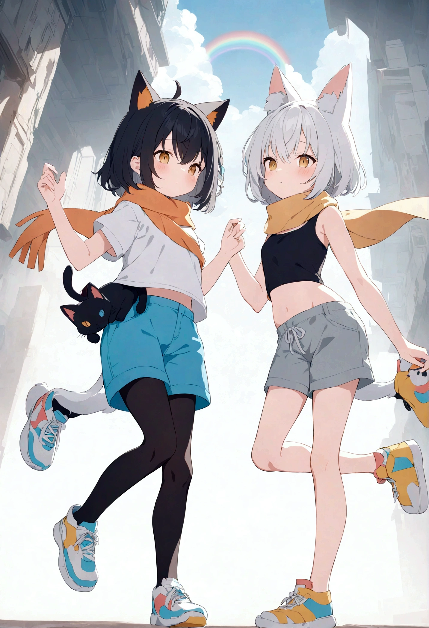 a humanoid white fox girl with black shorts and black tights, and a black crop-top and cyan and navy blue trainers, a humanoid black cat girl with an orange scarf and gray shorts and a gray short-sleeved shirt and gray shoes, and a humanoid rainbow cat girl with blue shorts and a red short-sleeved shirt and yellow shoes and a pink bow on her head.