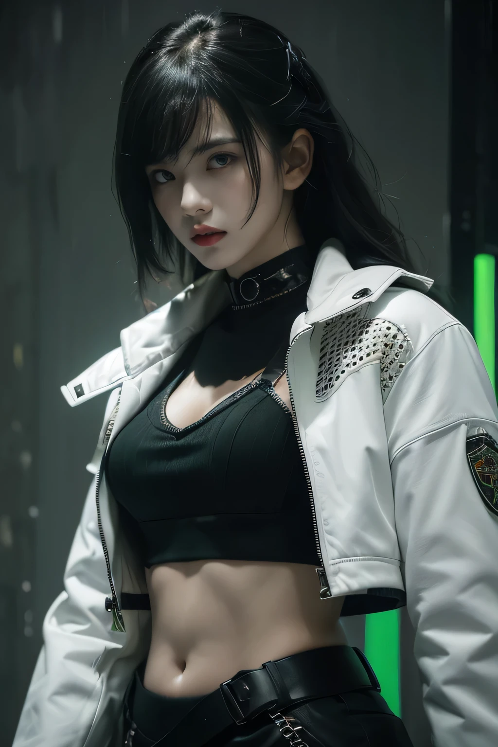 tmasterpiece,Best quality,A high resolution,8K,(Portrait photograph:1.5),(ROriginal photo),real photograph,digital photography,(Combination of cyberpunk and fantasy style),(Female soldier),20 year old girl,random hair style,By bangs,(Red eyeigchest, accessories,Redlip,(He frowned,Sneer),(Cyberpunk combined with fantasy style clothing,Openwork design,joint armor,police uniforms,White jacket,Green),exposing your navel,Photo pose,Realisticstyle,Thunder and lightning on rainy day,(Thunder magic),oc render reflection texture