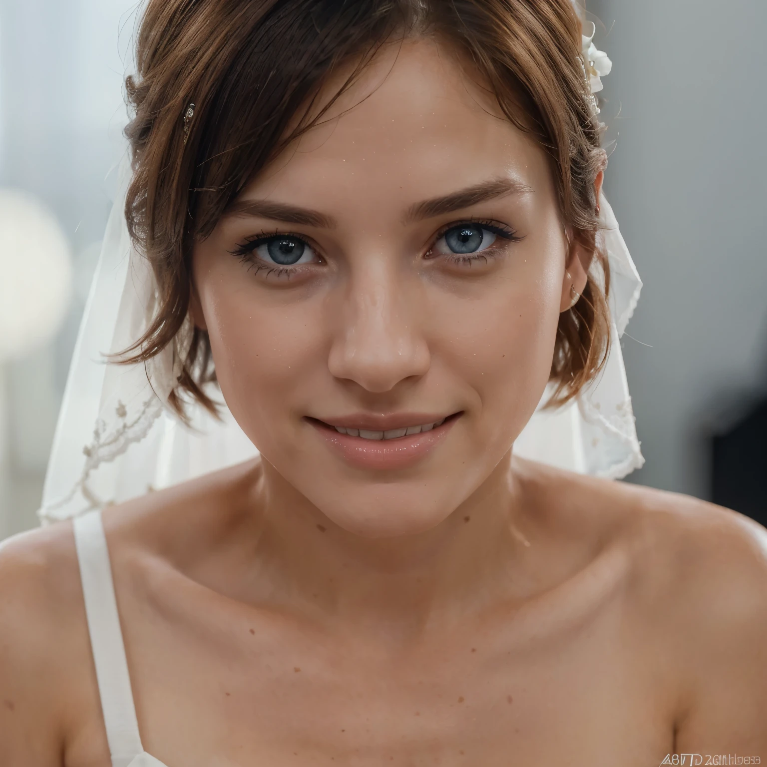 a beautiful girl with short brown hair and blue eyes, wearing a stunning white wedding dress, looking directly at the viewer, smiling and showing her wedding band, (best quality,4k,8k,highres,masterpiece:1.2),ultra-detailed,(realistic,photorealistic,photo-realistic:1.37),3d,rebecca chambers