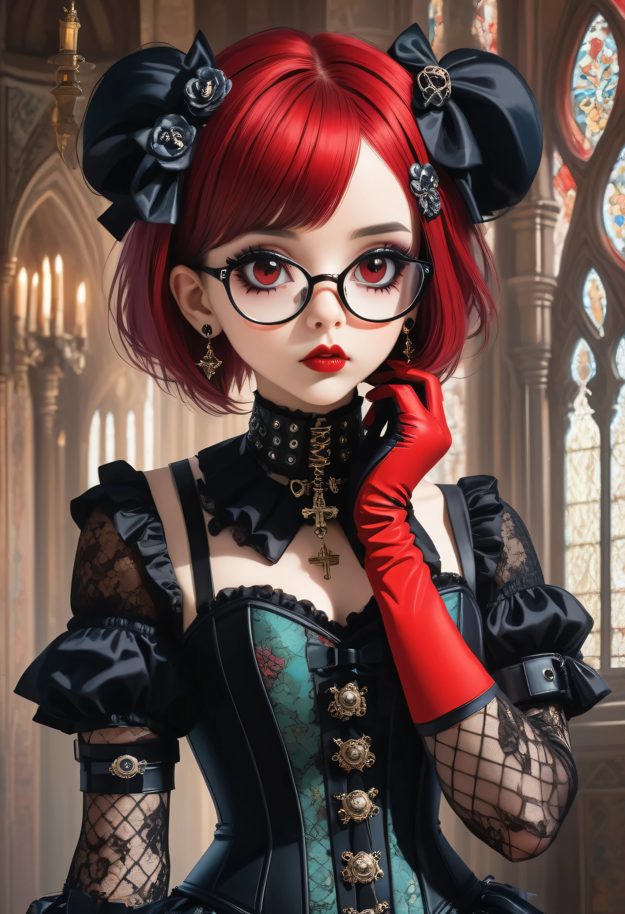 1girl, glasses girl, surprise face, surprised, pastel goth, Catholicpunk aesthetic art, gloved hands, mature goth woman in a fusion of Mediterranean-inspired Gothic punk fashion, glasses, dark, goth. RED gloves, tight corset, incorporating traditional Mediterranean motifs and punk-inspired details,Emphasize the unique synthesis of styles, heavy makeup, earrings, kawaiitech, dollskill, chibi, ,BIG EYES,Eyes,