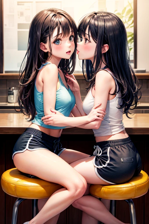 Two girls kiss while sitting on barstool cushion, black stool, dolphin shorts