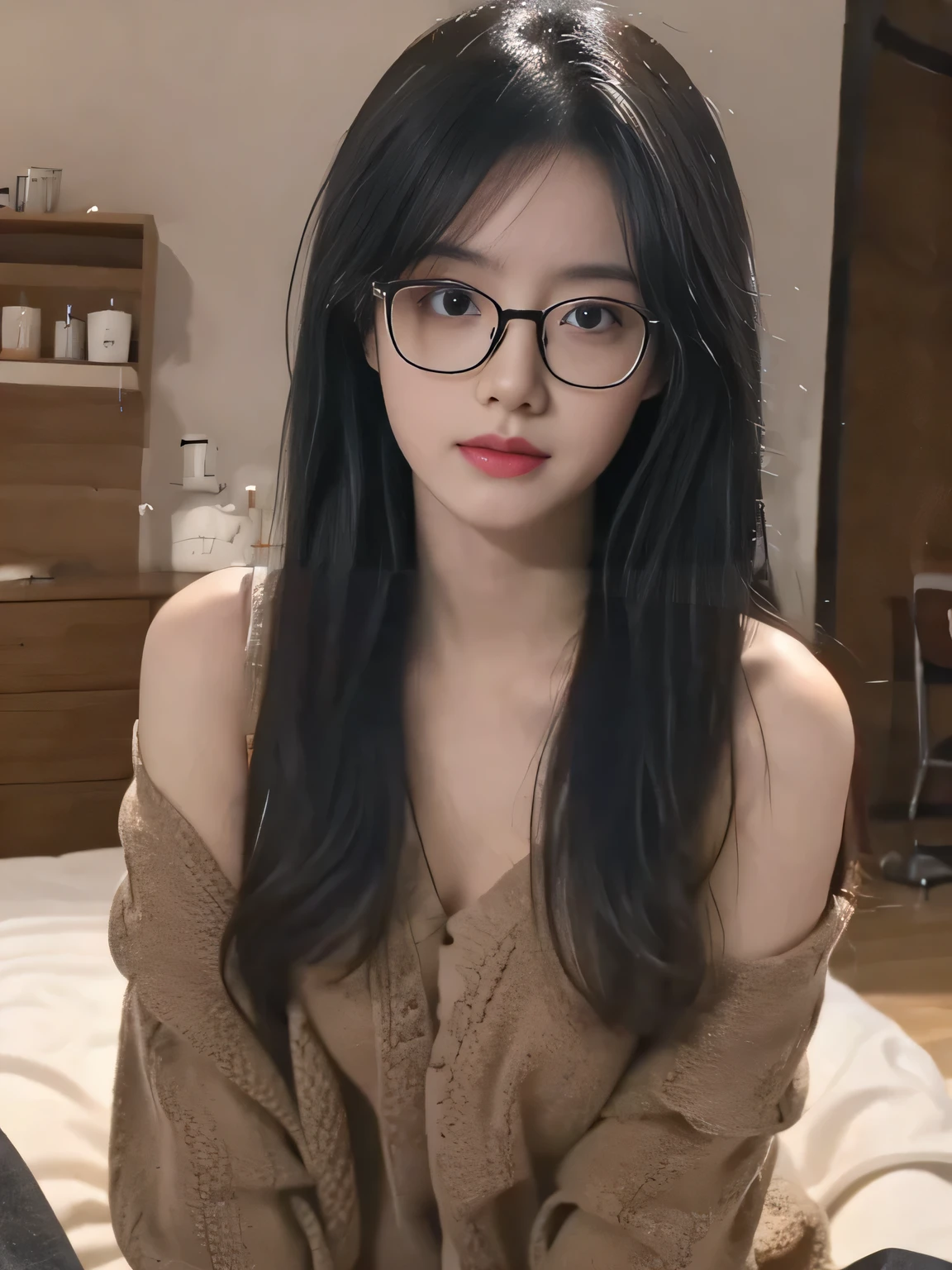 (1girl:1.3), Masterpiece, Best quality, amazing beauty, [[3D]], 4K, absurdres, finely detail, super detailed eye, perfect anatomy, official art, cinematic lighting, BREAK, bedroom, silky medium long hair, black hair, super shiny detailed black eye, embarrassed, BREAK , usually, sitting bed in bedroom, BREAK , (One-piece:1.2), BREAK,(Glasses)