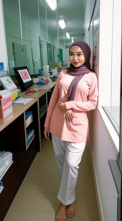 Beautiful young malay girl in hijab wearing very tight white nurse uniform with sexy pose, seducing pose, nurse hat, professional photography, hospital ward background, professional lighting, very tight outfit,