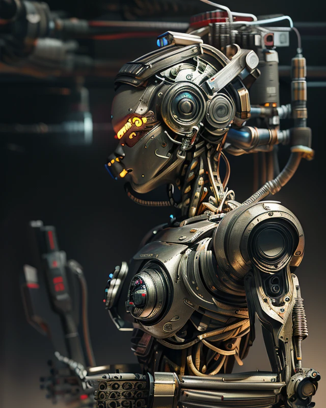 A bald cyborg Emma Watson, with loose wires, metallic skin, hoses, exposed torso, androidperson, mark brooks, david mann, robot brain, made of steel, hyperrealism, post-apocalyptic, mechanical parts, joints, mecha, j_sci-fi