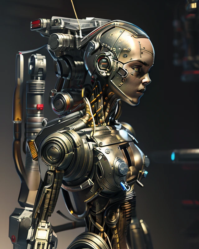 A bald cyborg Emma Watson, with loose wires, metallic skin, hoses, exposed torso, androidperson, mark brooks, david mann, robot brain, made of steel, hyperrealism, post-apocalyptic, mechanical parts, joints, mecha, j_sci-fi