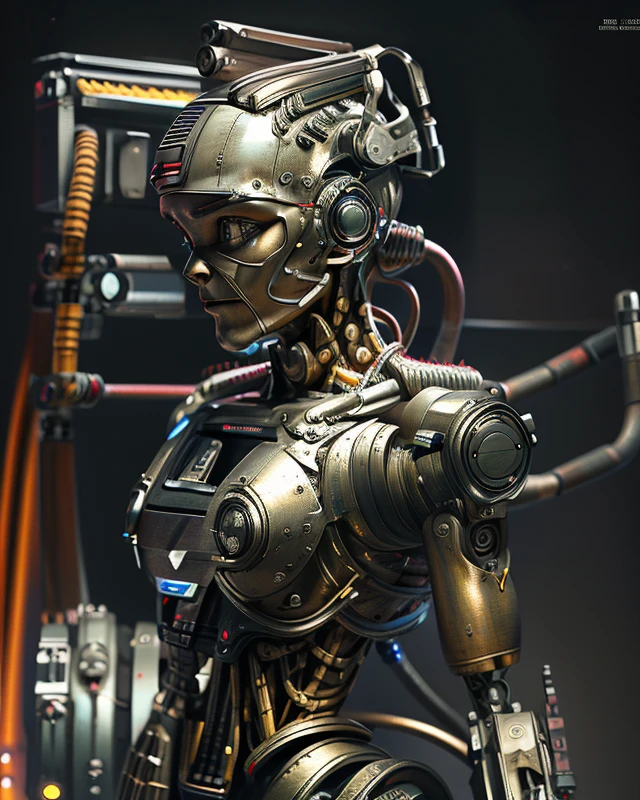 A bald cyborg Emma Watson, with loose wires, metallic skin, hoses, exposed torso, androidperson, mark brooks, david mann, robot brain, made of steel, hyperrealism, post-apocalyptic, mechanical parts, joints, mecha, j_sci-fi