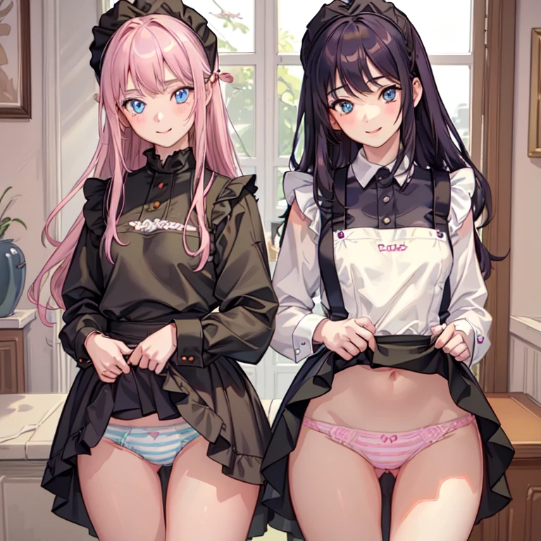 highest quality, masterpiece,((14years old:1.5)), ((2 girls:1.5)), ((smile:1.3)), (blush:1.3), Black Shirt, blouse, ((fun!!)), (Small breasts), Blonde, (Long sleeve), ((White apron:1.5)), ((Maid)), ((hair ornaments)), Kamimei, look at me, ((in house:1.5)), Taking a break from watching the audience, Cowboy Shot, (skirtlift:1.3), (Highly detailed pink striped panties:1.3), (Highly detailed panties:1.3), (skirt that rolls up:1.3), (Panties fully exposed:1.5), Light blue eyes, long hair, Glowing Eyes