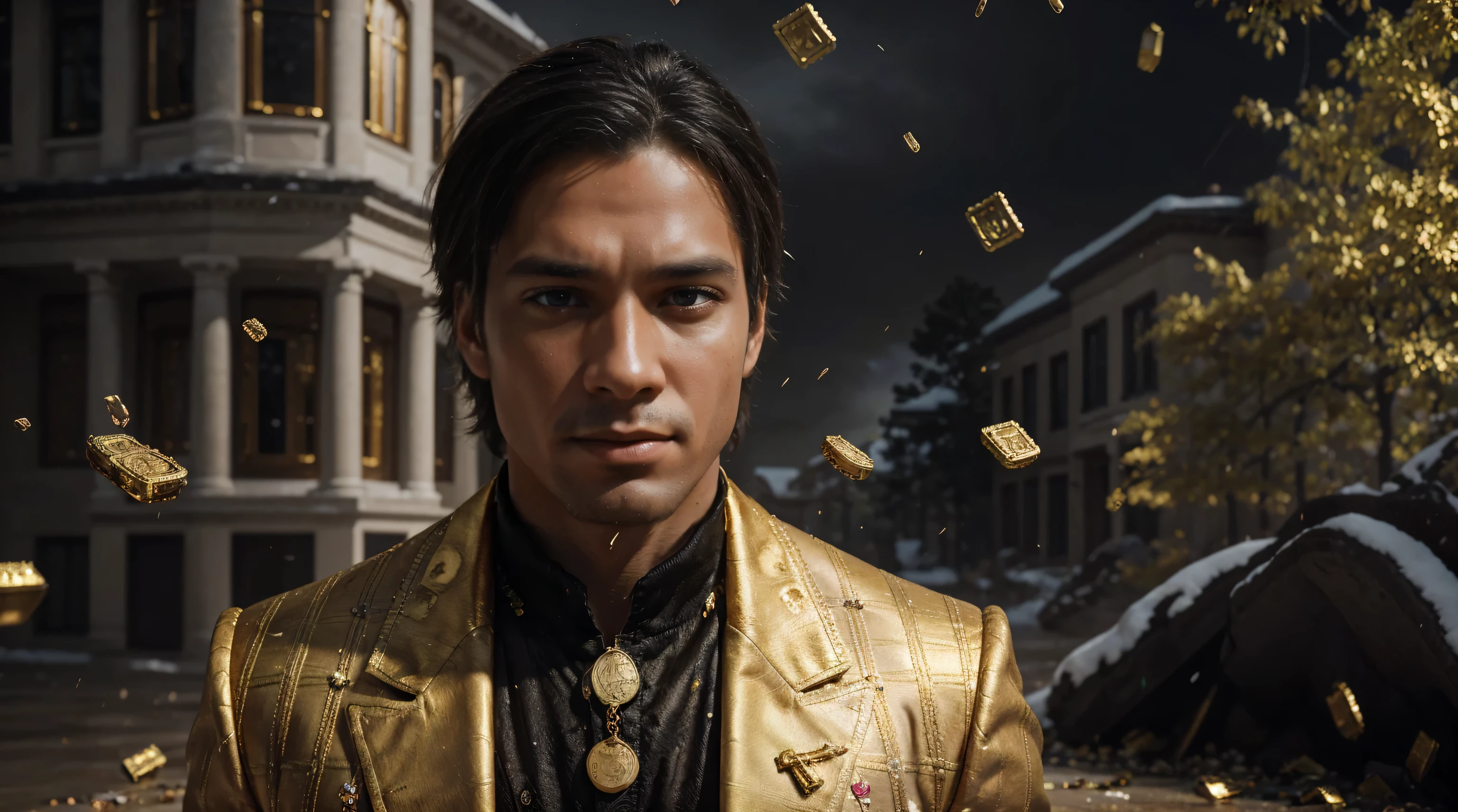 a man in front of a mansion full of gold coins falling from the sky, ultra detailed image, realism, 8k, hyper detailed skin, intense and vivid colors.
