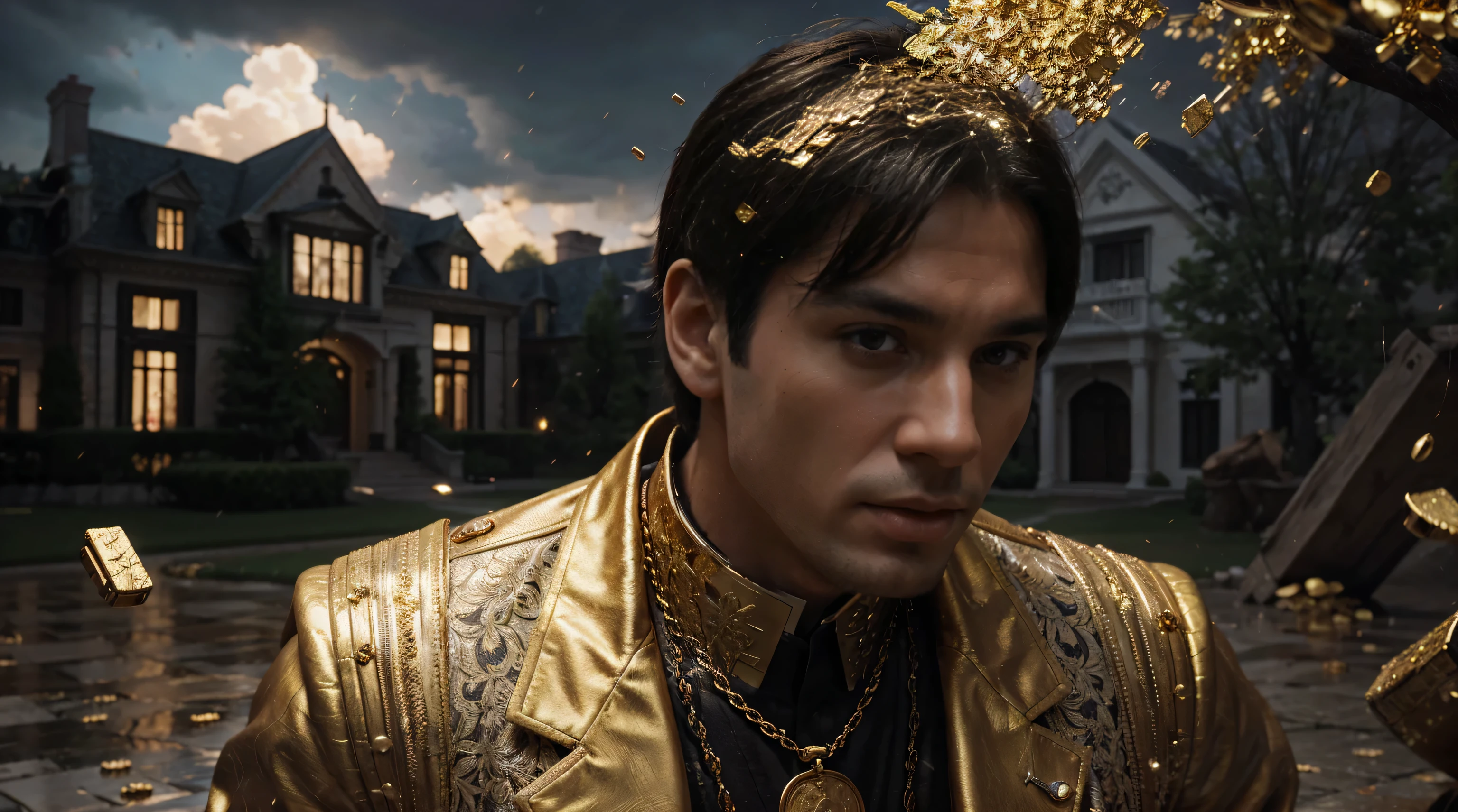 a man in front of a mansion full of gold coins falling from the sky, ultra detailed image, realism, 8k, hyper detailed skin, intense and vivid colors.
