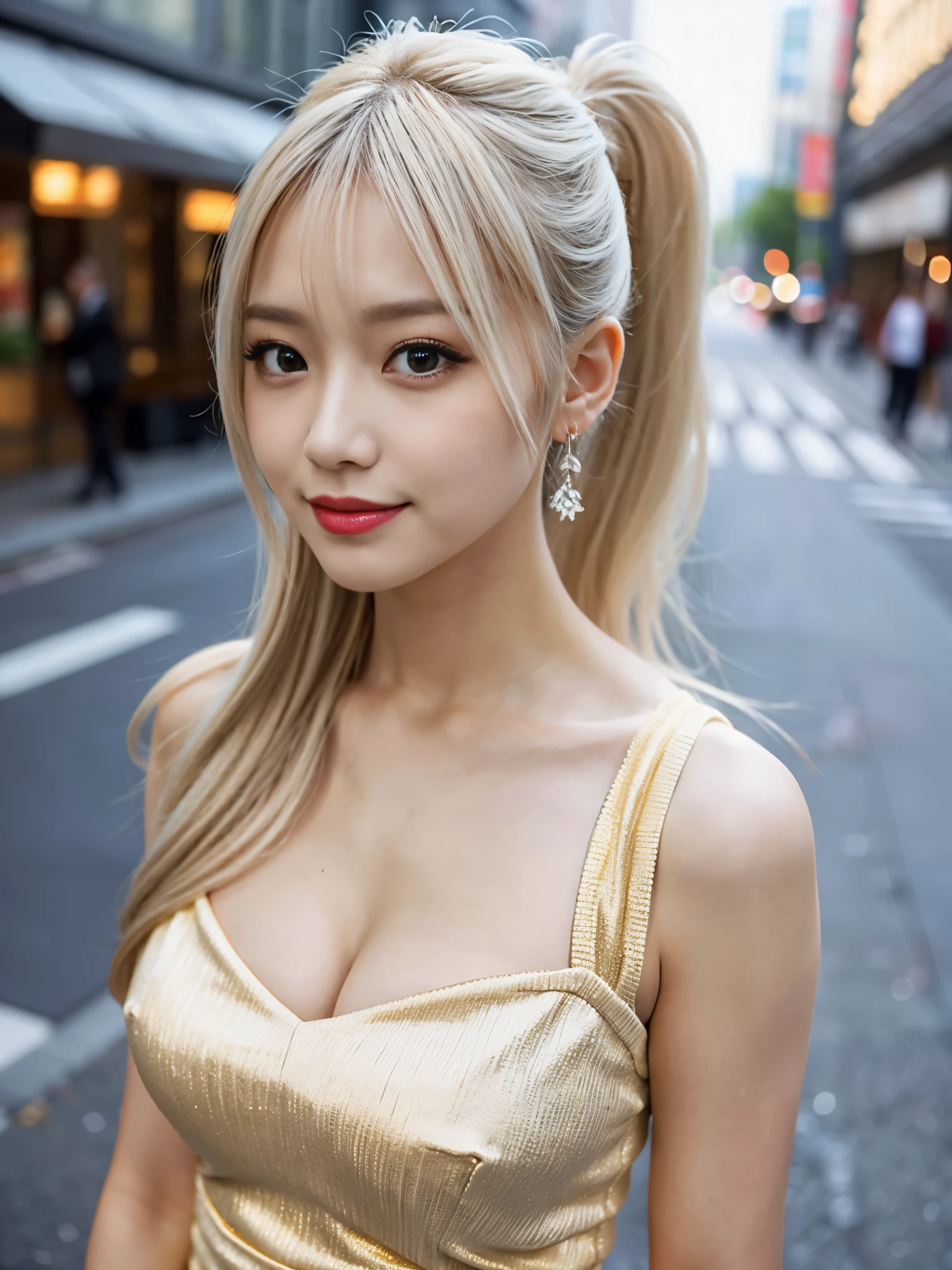 (RAW Photos,Realistic, Photorealistic: 1.4, masterpiece, highest quality), 98k, 1 美しいDay本人女性, alone, 20-year-old, Small face,Cute face:1.2,Smiling, Larger breasts, Exposing cleavage,Beautifully detailed round eyes, Droopy Eyes 1.4, Long platinum blonde hair,(ponytail), (Highly detailed face and skin texture), Beautiful face in golden proportions,White Skin Sexy Dress,Sexy pose, street, Day, sunny Day, close, (View Viewer:1.4)