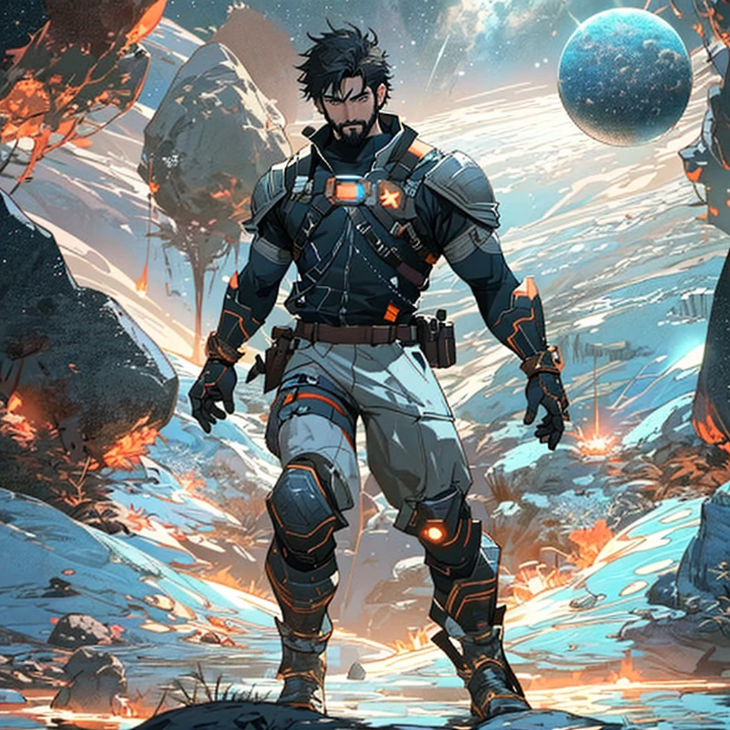 Draw a young warrior on a research platform floating in the middle of an asteroid belt. He is studying with a notebook, surrounded by several asteroids glowing with fiery auras. Dramatic lighting from distant stars and planets illuminates the scene, casting deep shadows on the suit. The young man looks confident and determined, looking at the vast and mysterious universe with admiration and respect, facial hair, armor in details black neon
