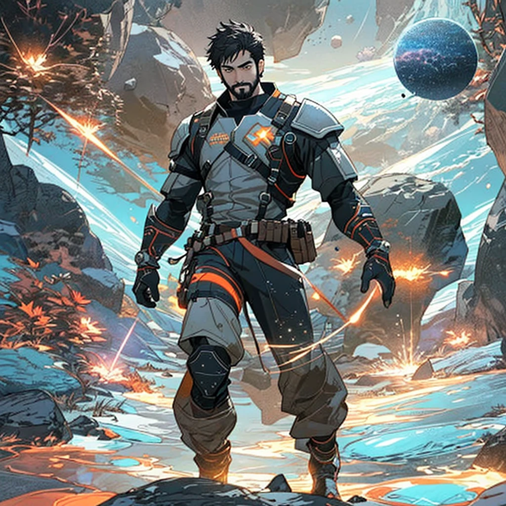 Draw a young warrior on a research platform floating in the middle of an asteroid belt. He is studying with a notebook, surrounded by several asteroids glowing with fiery auras. Dramatic lighting from distant stars and planets illuminates the scene, casting deep shadows on the suit. The young man looks confident and determined, looking at the vast and mysterious universe with admiration and respect, facial hair, armor in details black neon