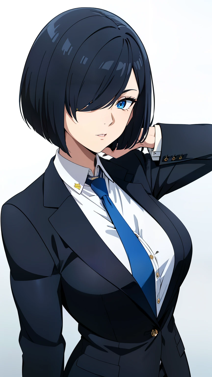 (best quality:1.5, highres, UHD, 4K, detailed lighting, shaders), black hair, bob cut, hair covering one eye, cool woman, cool girl, sharp eyes, blue eyes, beautiful, large breasts, simple background, formal suit, necktie, jacket