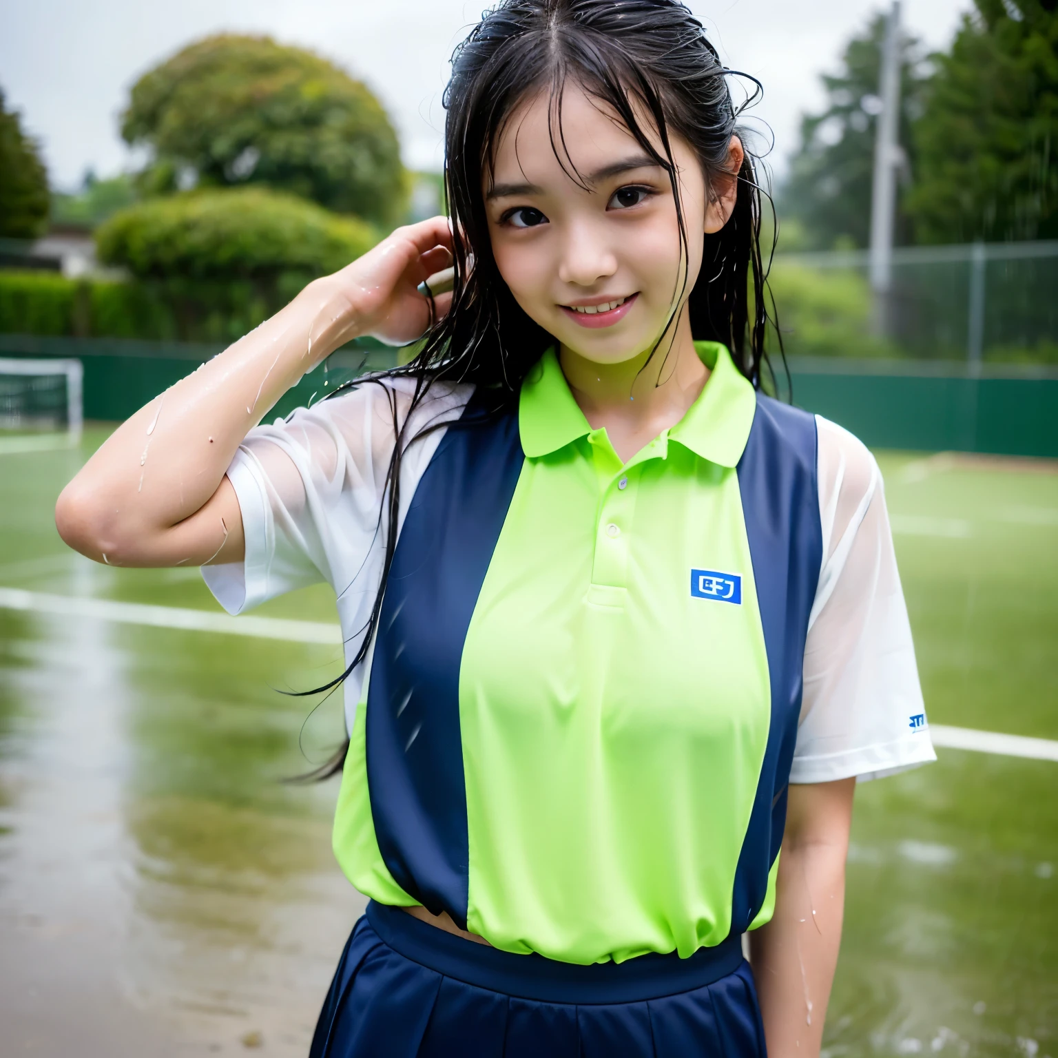 (Best-quality, Masterpiece, Ultra-High-Resolution, (Photorealistic:1.4), Raw Photo, depth of field, professional lighting, perfect anatomy, extremely details), 1girl, -yeld, thost famous Japanese idol, innocent smile, cowboy shot, standing on tennis-court in heavy-rain, ((((wearing extremely wet tennis-uniform from heavy-rain)))), ((extremely cute face like the most popular Japanese idol soaking wet from heavy-rain, ((extremely cute and extremely big eyes)), extremely cute hair soaking wet from heavy-rain, extremely beautiful skins soaking wet from heavy-rain)), extremely cute long-eyelashes, extremely cute lips, extremely beautiful thighs soaking wet from heavy-rain