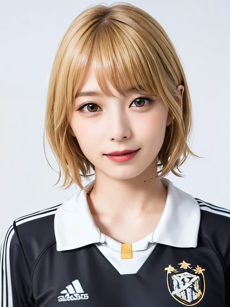 (highest quality、8k、32k、masterpiece)、(Realistic)、(Realistic:1.2)、(High resolution)、Very detailed、Very beautiful face and eyes、1 girl、Round and small face、Tight waist、Delicate body、(close、highest quality、Attention to detail、Rich skin detail)、(highest quality、8k、Oil paints:1.2)、(Realistic、Realistic:1.37)、Bright colors、(((blonde)))、(((Upper Body Shot)))、(((short hair)))、(((White wall background)))、(((Laughter)))、(((blonde)))、(((Soccer uniforms)))、(((黒とピンクのSoccer uniforms)))、Arms folded in front of chest