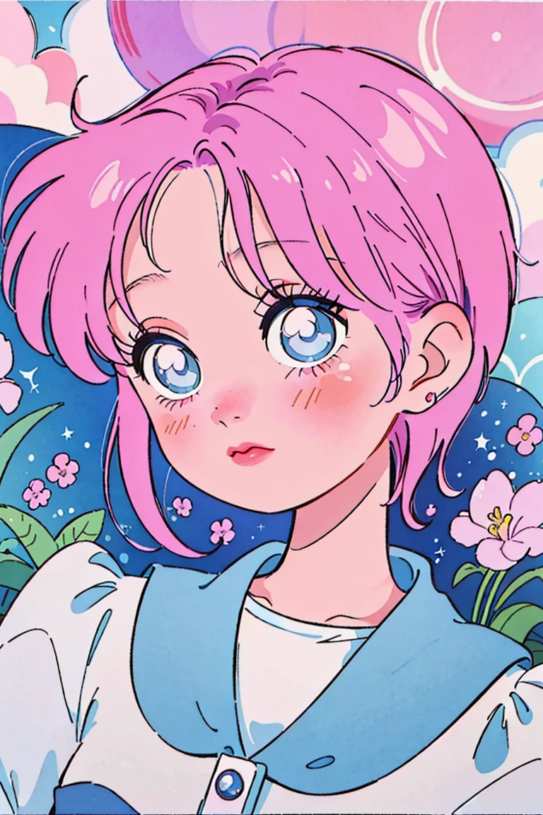 Ichika nakano, (Old anime, vintage anime, 90's anime style, naoko takeuchi style, masterpiece、top-quality、top-quality、Official art、Beautifully Aesthetic:1.2)、(a beauty girl:1.3)、vivid colours、colourful, lHD Detail, Ultra Detail, soft Light, Deep Focus Bokeh, magical photography, dramatic lighting, intricate details, (1 girl, solo, alone), , sfw, nakano_ichika, blue eyes, indigo eyes, aaichika, sparkling blue eyes, sfw, pretty teenage girl with short pink hair, heart shaped lips and blue eyes making a cute face, blushing, aaichika, Nakano ichika from The Quintessential Quintuplets, ichima Nakano, masterpiece, 4k, ultradetailed, cowboy shot, very short pink hair, blue eyes, pure, tender, lovely, teasing